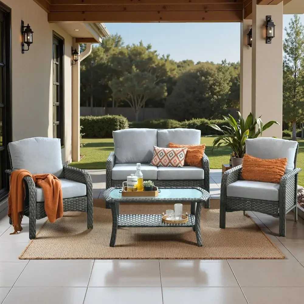 Outdoor Furniture Loveseat - All-Weather Rattan Outdoor Furniture Set: High