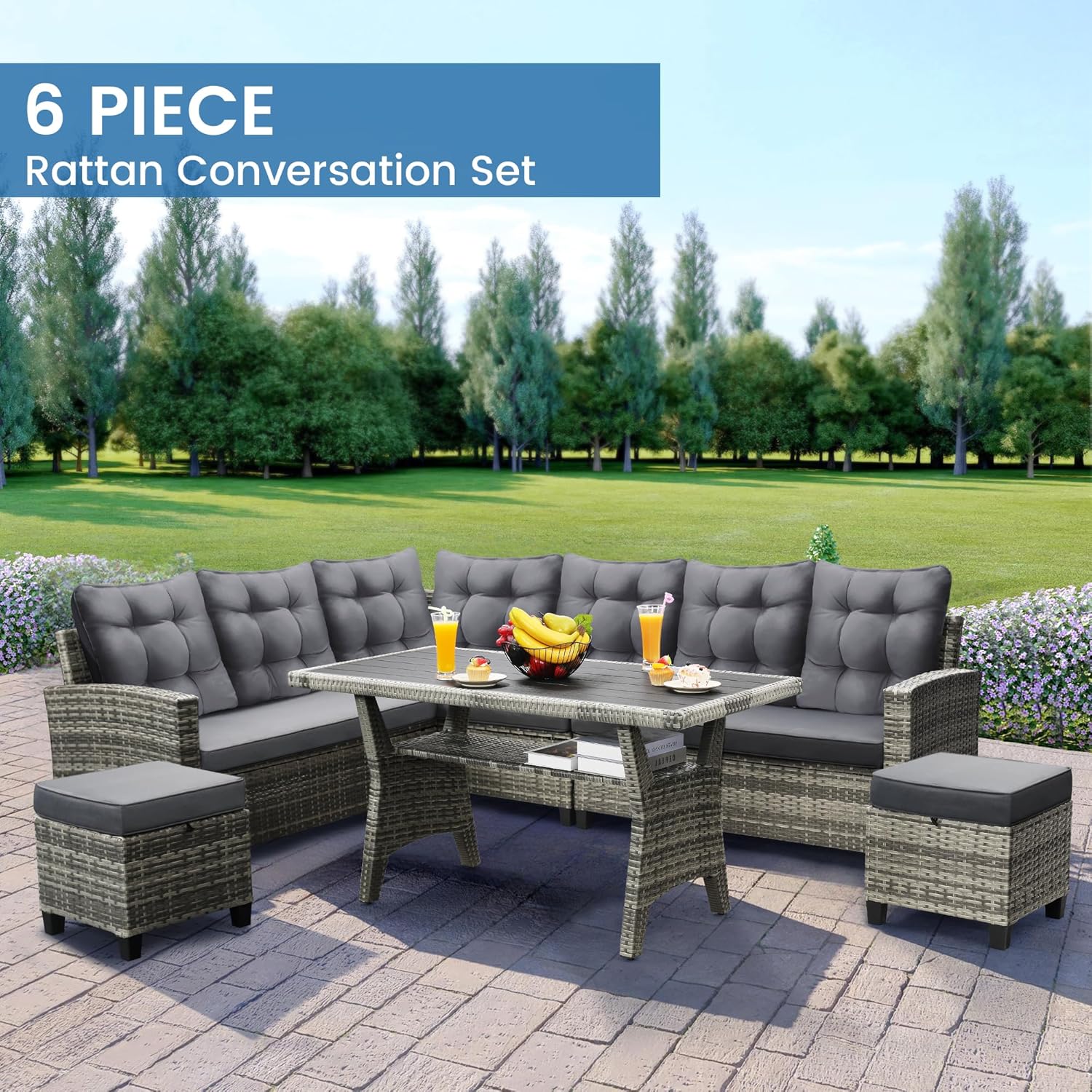Outdoor Furniture Dining Set - 6-Piece Patio Sectional Sofa Dining Set