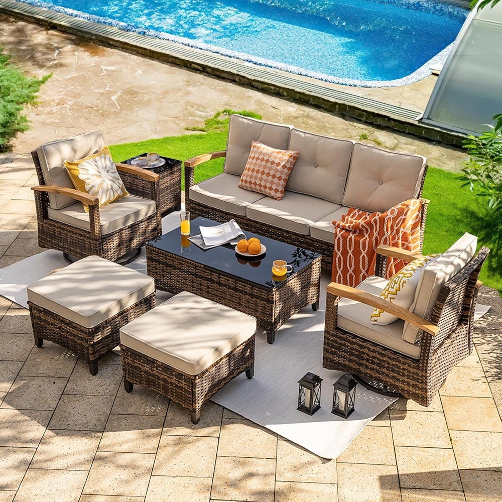 7pc PE Wicker Patio Set,Swivel - Outdoor Furniture Metal Chairs 리뷰 및 가격